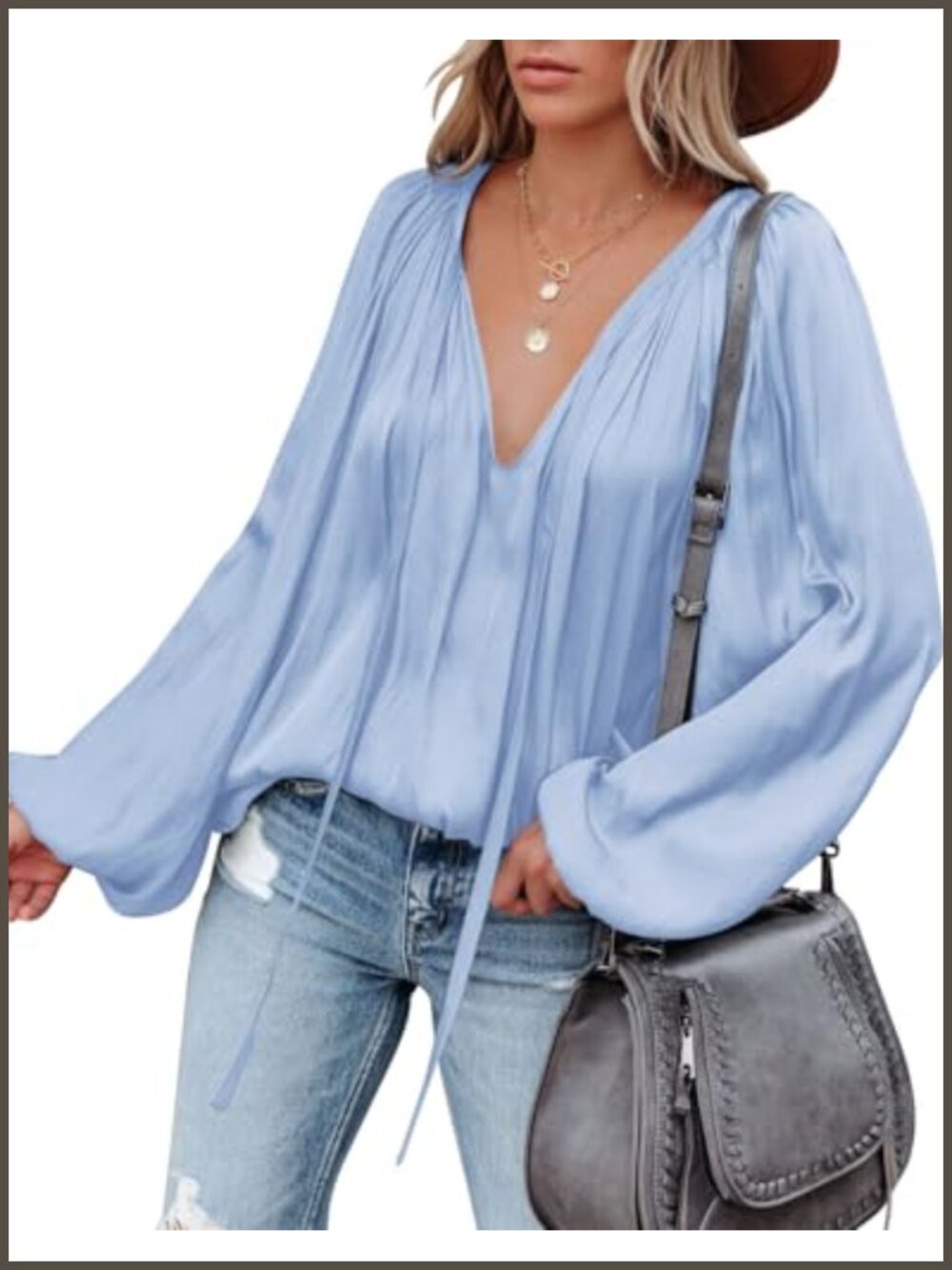 Womens Satin Deep V Neck Bell Long Sleeve Blouse Flowy Pleated Top